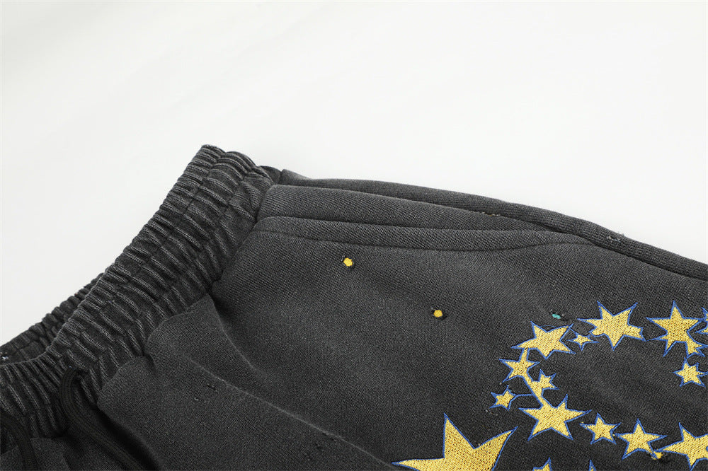 Pantalones de Chándal de Pierna Ancha con Estrellas Bordadas – Pantalones Streetwear Baggy Lavados al Ácido