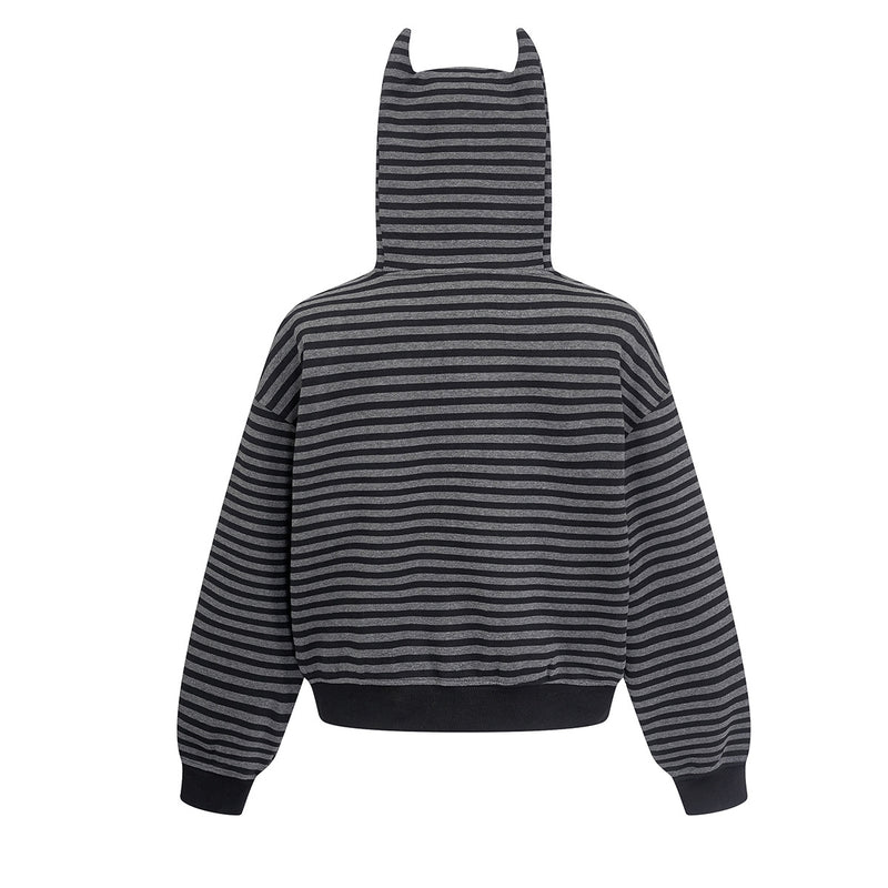 Bat Ear Zip-Up Hoodie – Oversized Dark Stripe Full-Face Mask Hood