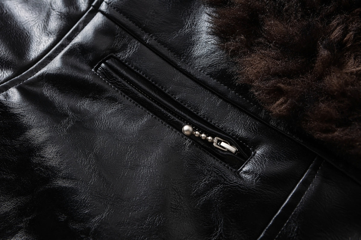 Men's Faux Shearling Collar Leather Bomber Jacket – Oversized Black Winter