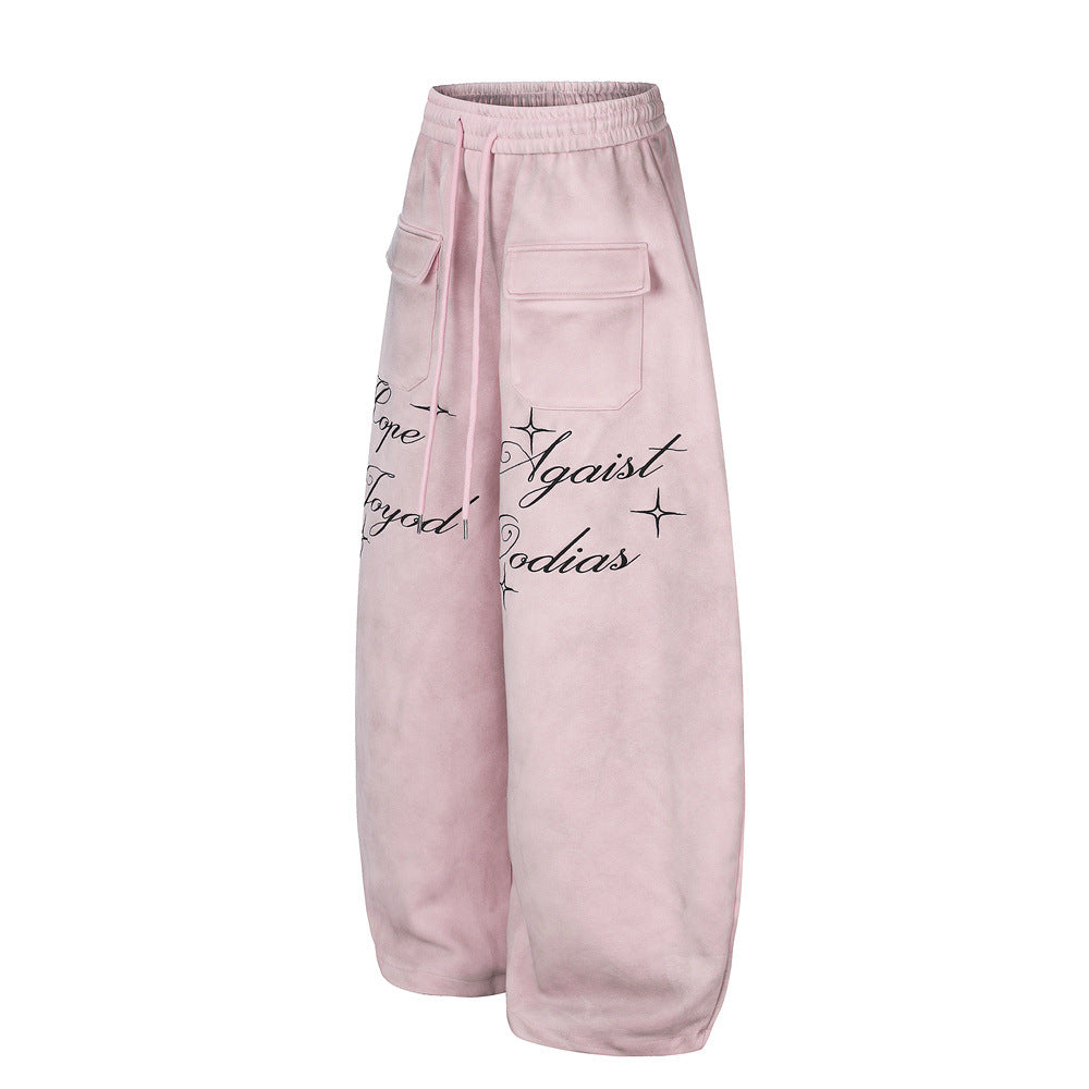 Pantalon de survêtement en velours côtelé à jambes larges avec imprimé script et poches cargo