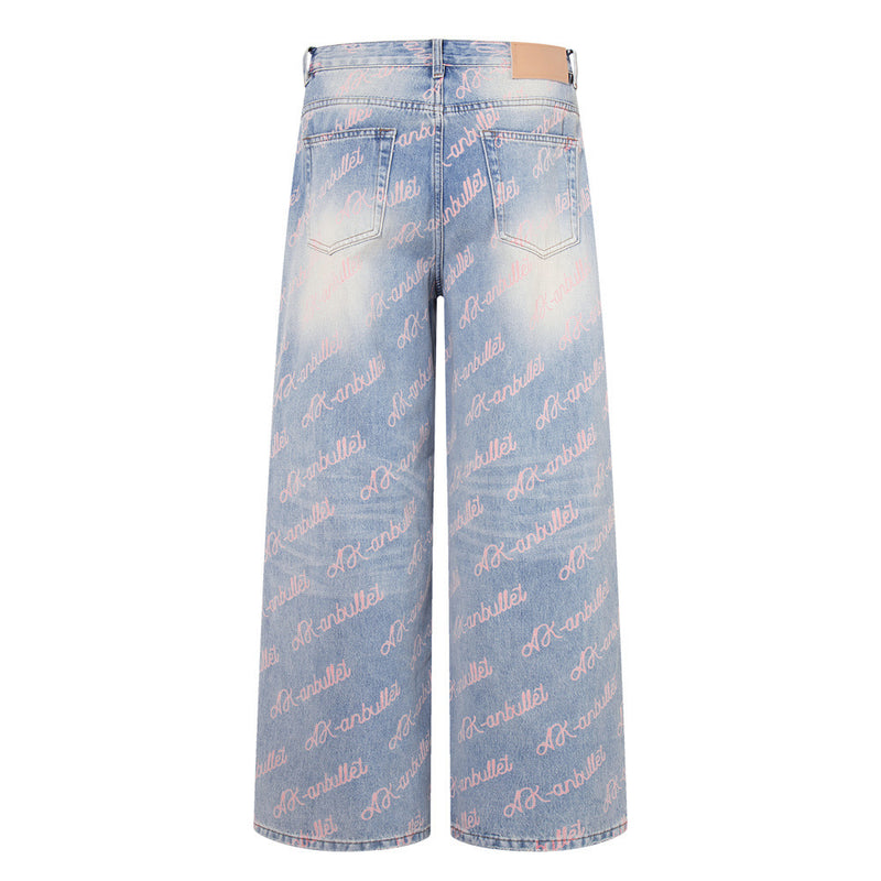 Wide-Leg Jeans with Allover Pink Script Print – Light Blue Washed Denim