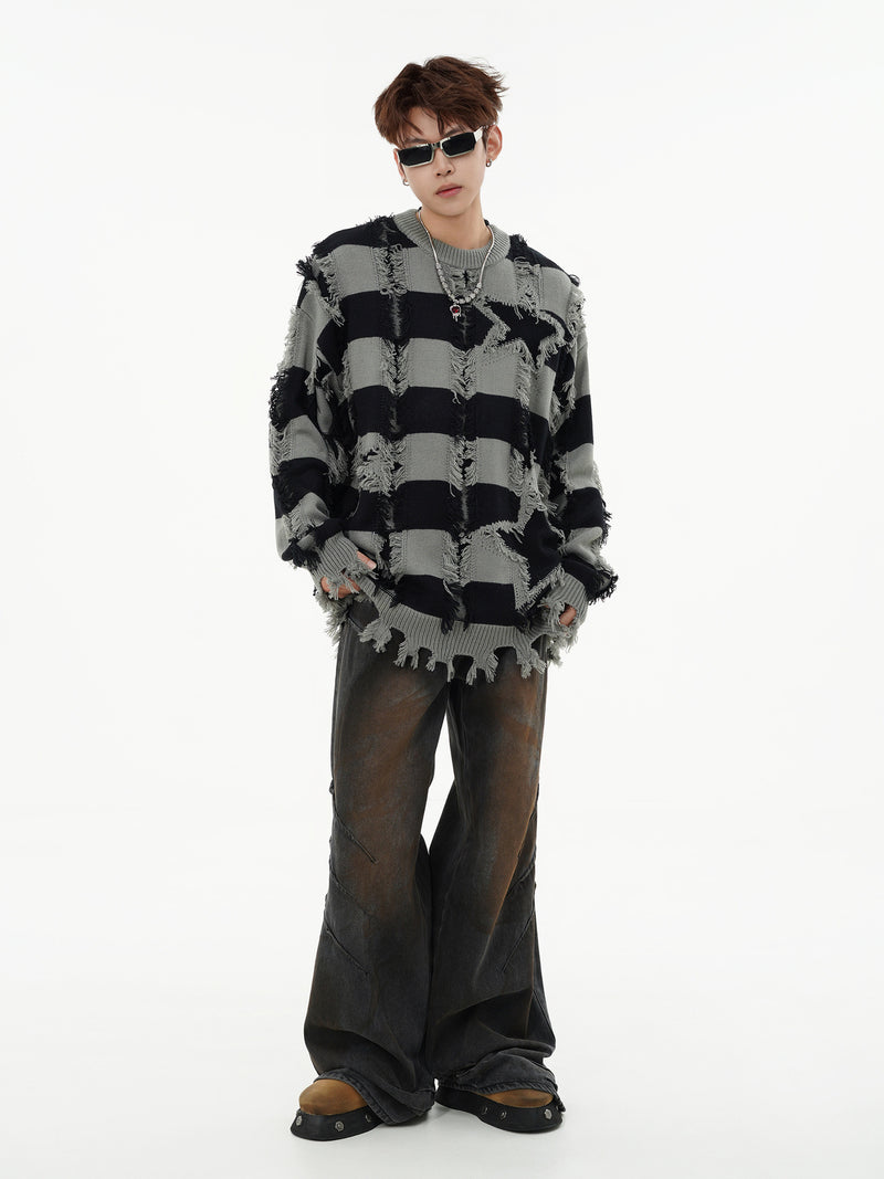 Pull oversize en maille rayée à étoiles délavée – Col rond à franges