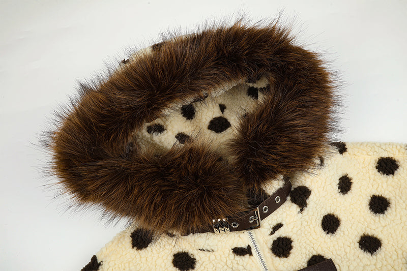 Polka Dot Sherpa Bomber Jacket with Faux Fur Hood Trim
