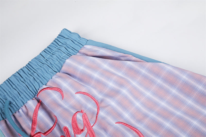 Colorblock Plaid Wide-Leg Parachute Pants with Script Embroidery