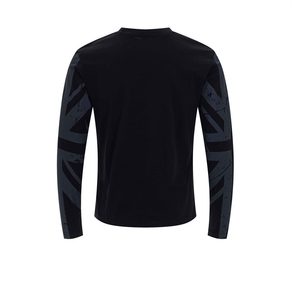 Black long sleeve tee shown from the back with Union Jack print on the sleeves