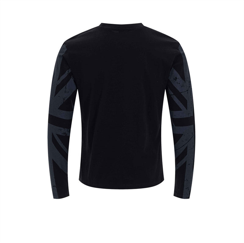 Black long sleeve tee shown from the back with Union Jack print on the sleeves