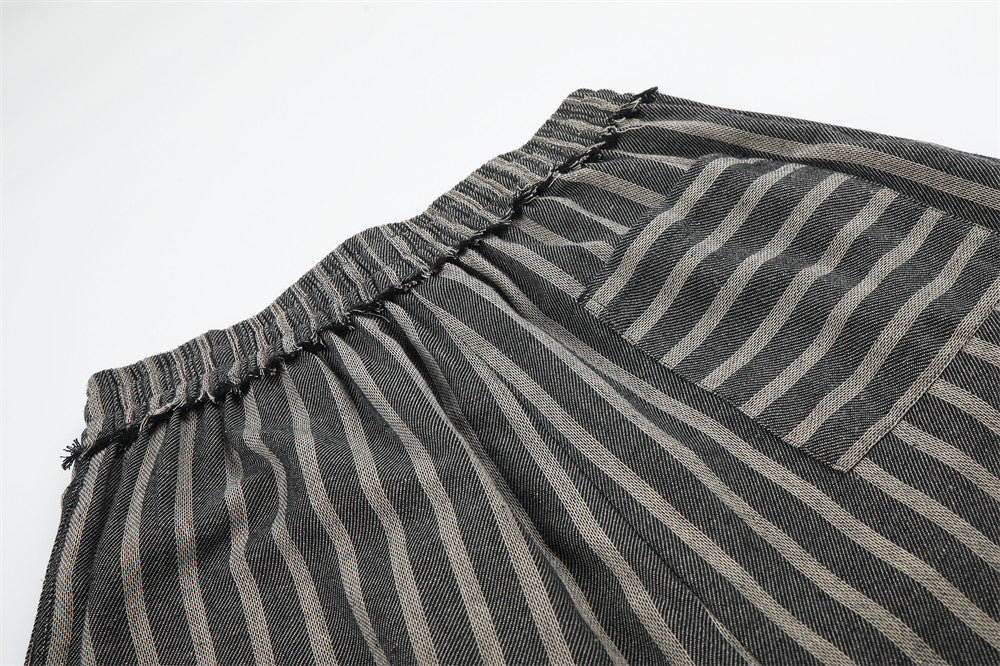 Wide-Leg Striped Drawstring Pants – Vintage Distressed Raw-Hem