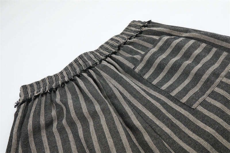 Wide-Leg Striped Drawstring Pants – Vintage Distressed Raw-Hem