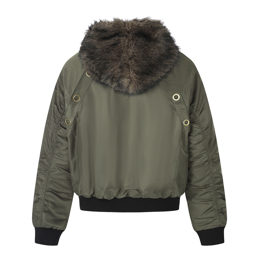 Faux Fur Hood Bomber Jacket – Metal Eyelet Detail Men's Winter Padded Flight