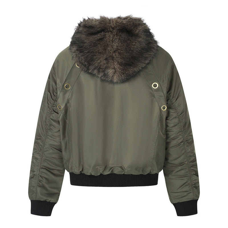 Faux Fur Hood Bomber Jacket – Metal Eyelet Detail Men's Winter Padded Flight