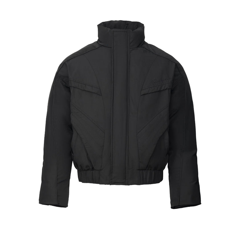 Men's Cropped Puffer Bomber Jacket – Stand Collar, Geometric Seam Detail