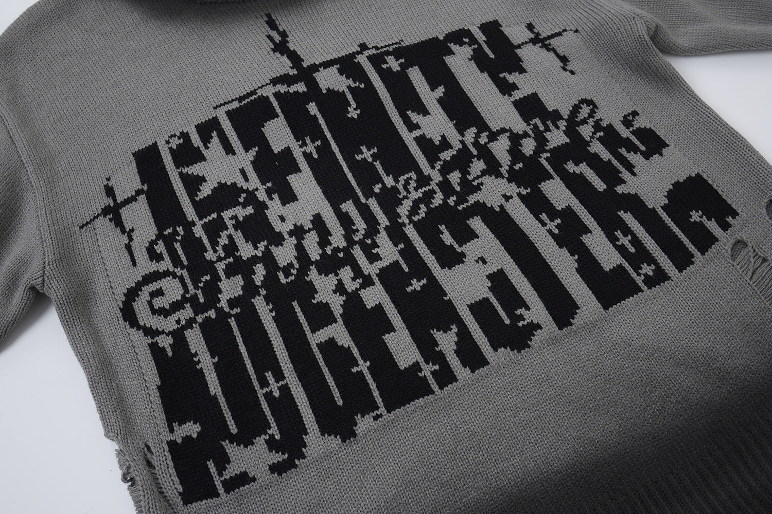 Pull col rond en maille – Graffiti usé, dégradé délavé à l’acide