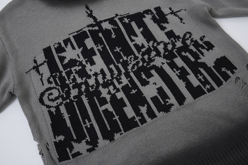Pull col rond en maille – Graffiti usé, dégradé délavé à l’acide
