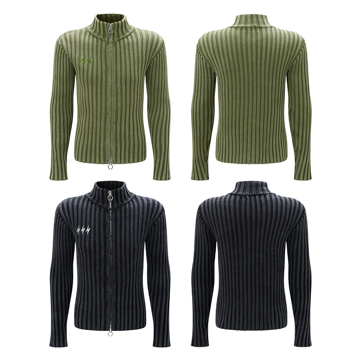 Ribbed Knit Mock-Neck Full-Zip Cardigan Sweater with Lightning Bolt Embroidery
