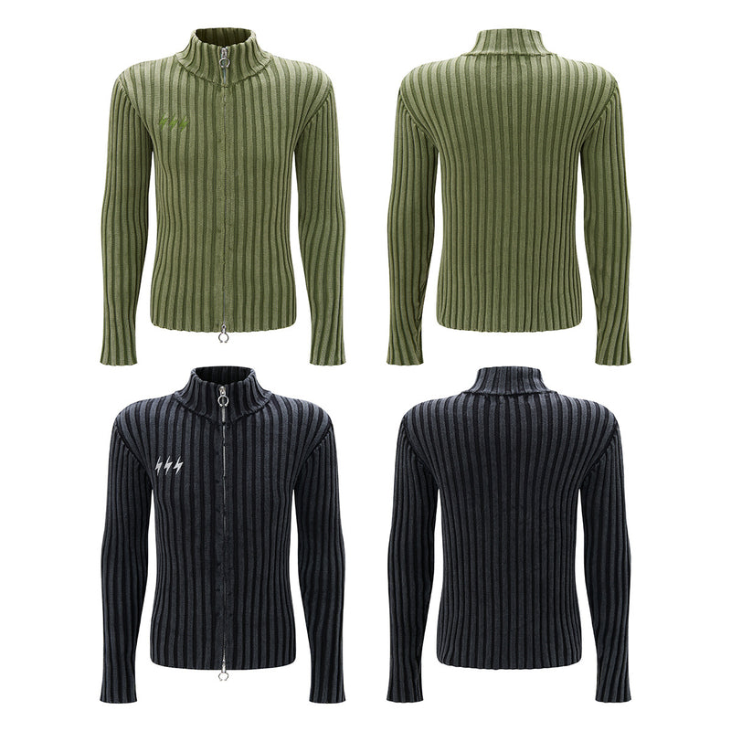 Ribbed Knit Mock-Neck Full-Zip Cardigan Sweater with Lightning Bolt Embroidery
