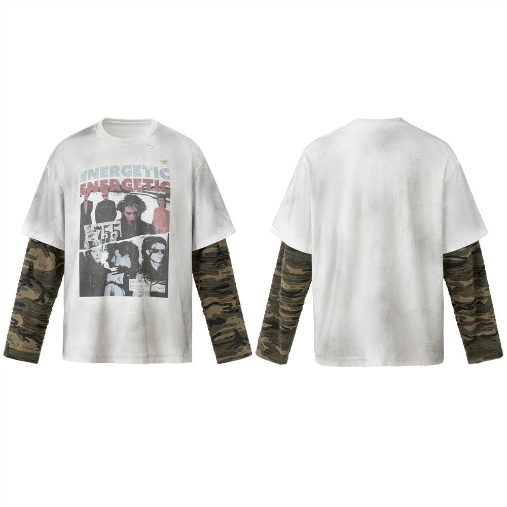 Men's Oversized Graphic Tee with Distressed Camo Long Sleeves – Washed White