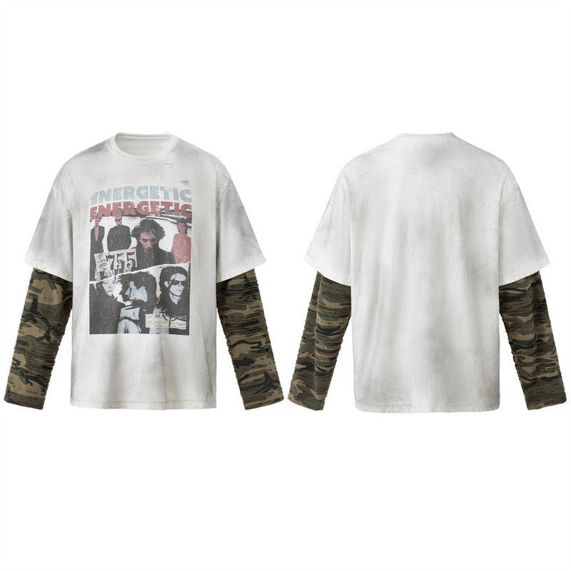 Men's Oversized Graphic Tee with Distressed Camo Long Sleeves – Washed White