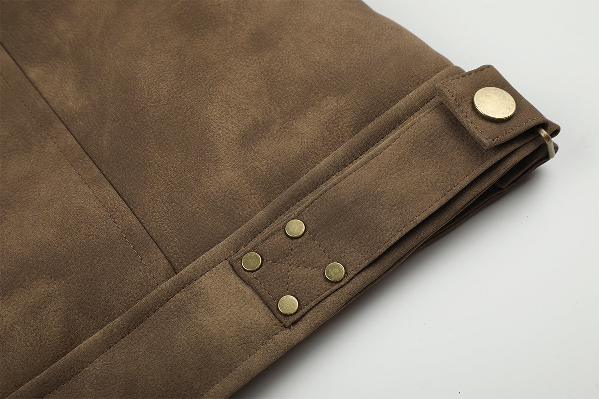 Faux Suede Shearling-Lined Moto Jacket with Buckle Straps
