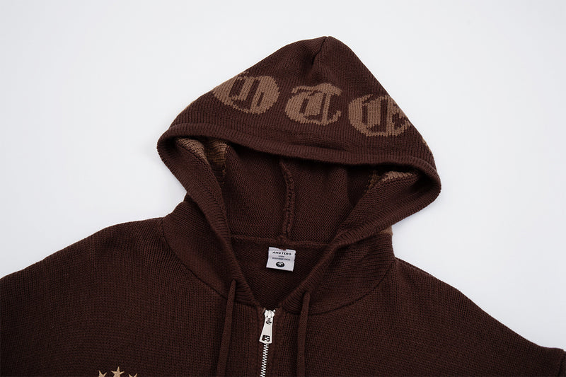 Sudadera de punto con cremallera y cruz gótica – Cárdigan de streetwear americano desgastado
