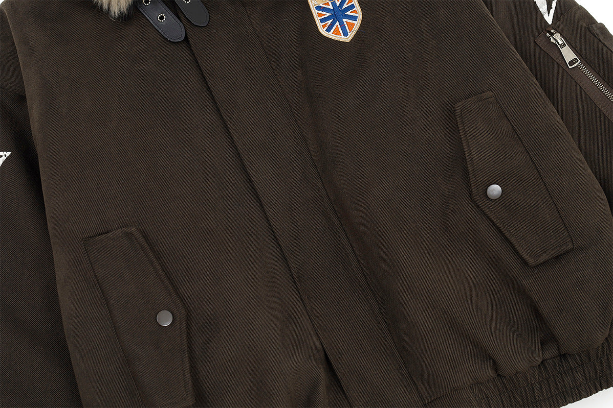 Retro American Bomber Jacket with Faux Fur Collar & Star Patches
