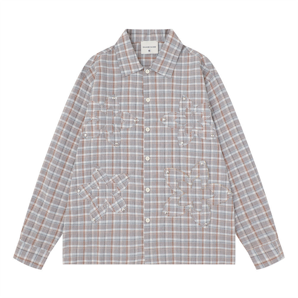 Oversized plaid long sleeve button-down shirt with raw-edge appliqué and silver stud detail in grey plaid colorway