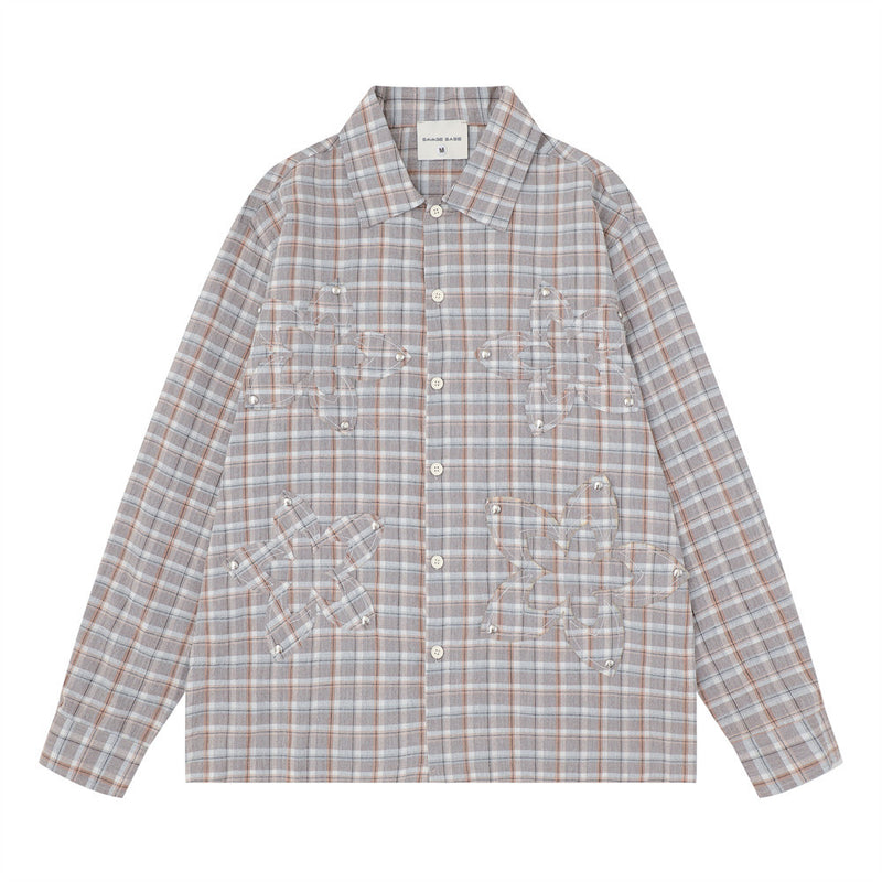 Oversized plaid long sleeve button-down shirt with raw-edge appliqué and silver stud detail in grey plaid colorway