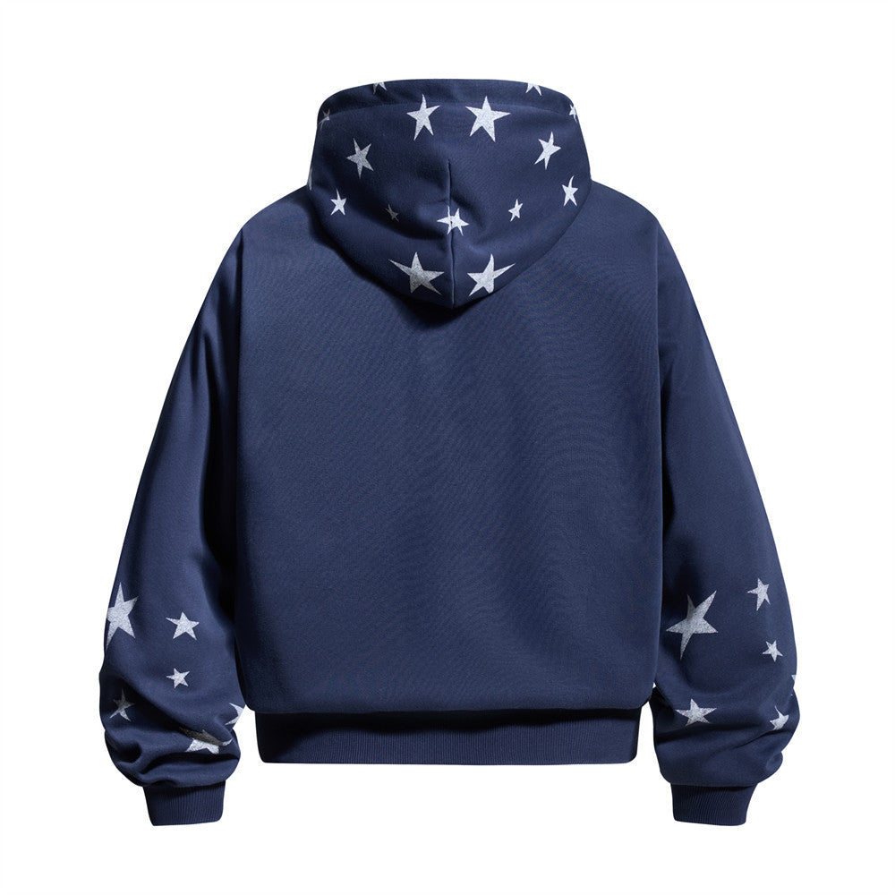 Sudadera con Capucha y Cremallera, Estampado de Estrellas, Corte Extragrande para Hombre