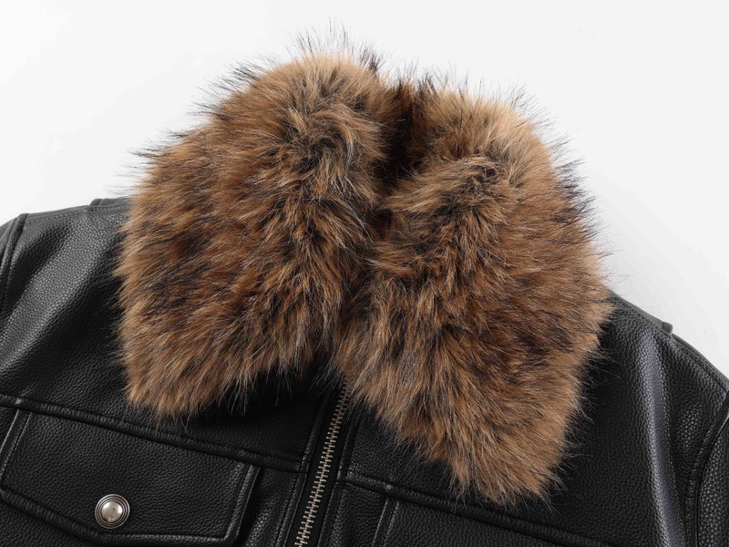 Black Leather Bomber Jacket with Fur Collar & Multi-Pocket Design