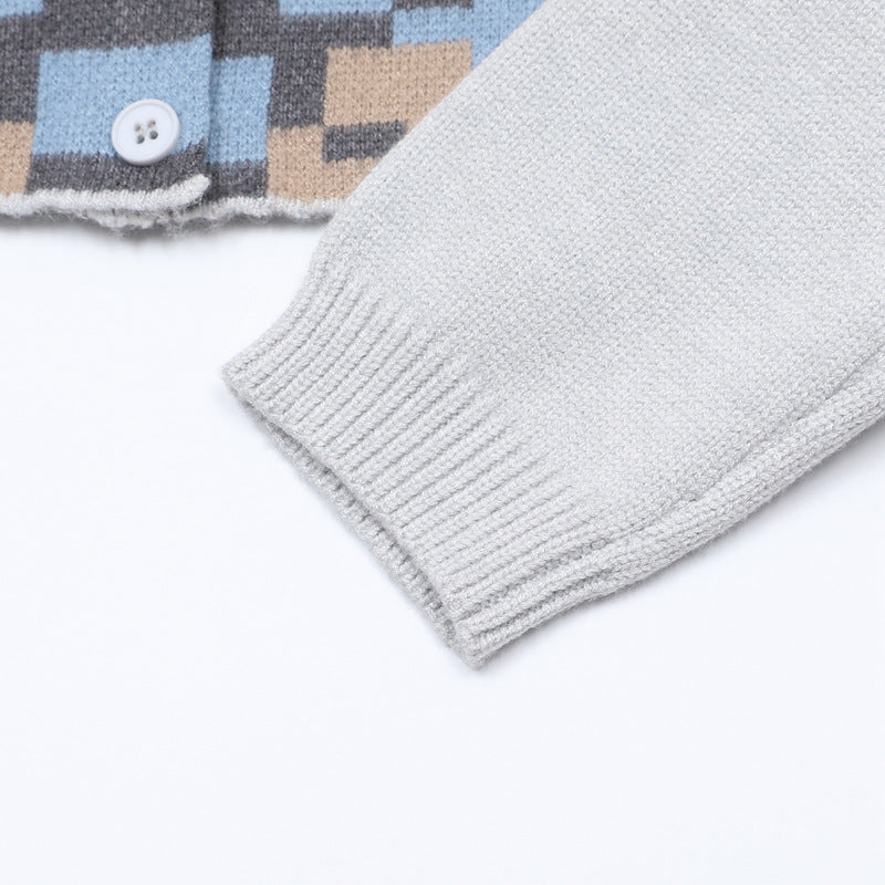 Pixel Bear Jacquard Knit Cardigan Sweater – Round Neck Button-Front