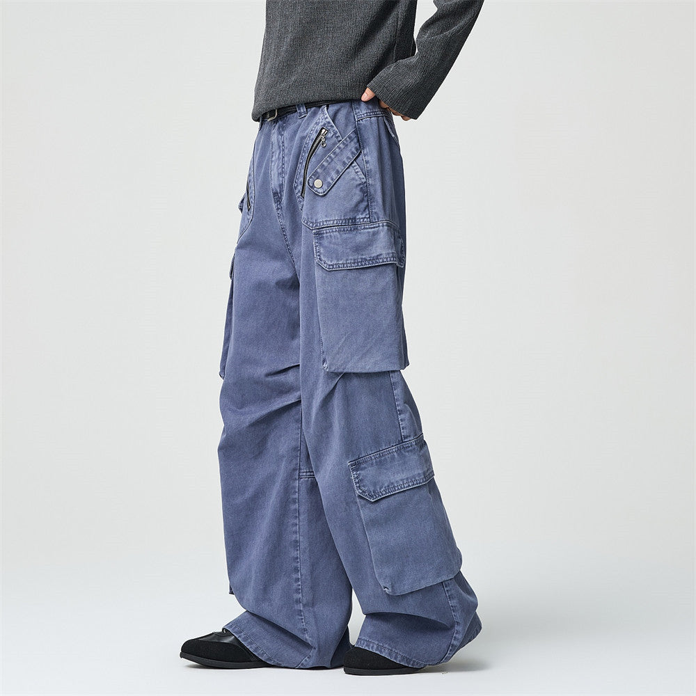 Wide-Leg Cargo Pants – Multi-Pocket Washed Vintage Streetwear Trousers