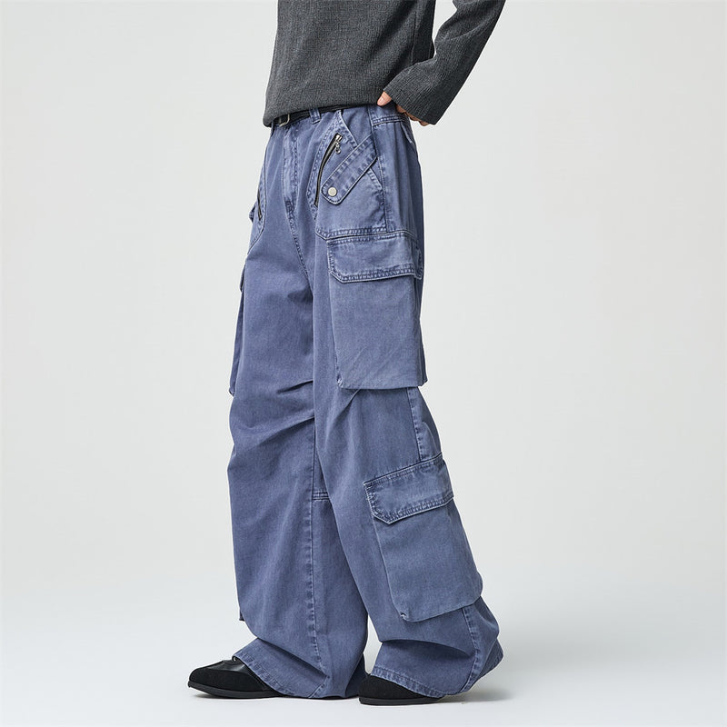 Wide-Leg Cargo Pants – Multi-Pocket Washed Vintage Streetwear Trousers