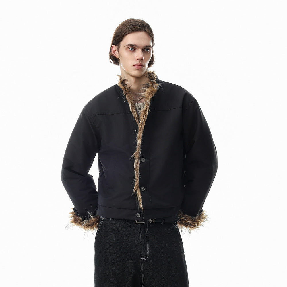 Faux Fur Trim Stand Collar Padded Jacket – Relaxed Fit Men's Winter Coat