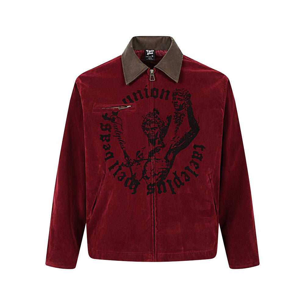 Velvet Zip-Up Jacket – Vintage Cross & Figure Print, Contrast Collar