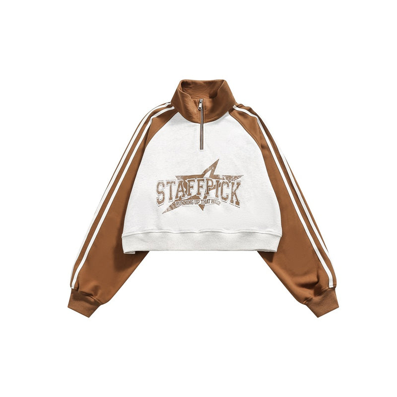 Cropped Half-Zip Sweatshirt Jacket – Colorblock Raglan with Stripe Sleeves