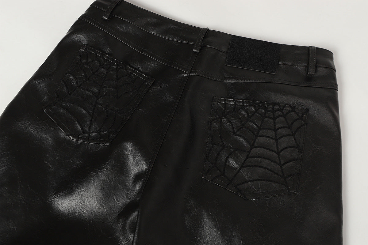 Wide-Leg Faux Leather Pants with Spiderweb Embossed Panels