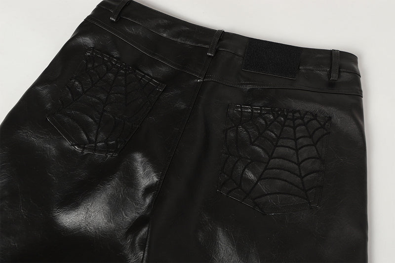Wide-Leg Faux Leather Pants with Spiderweb Embossed Panels