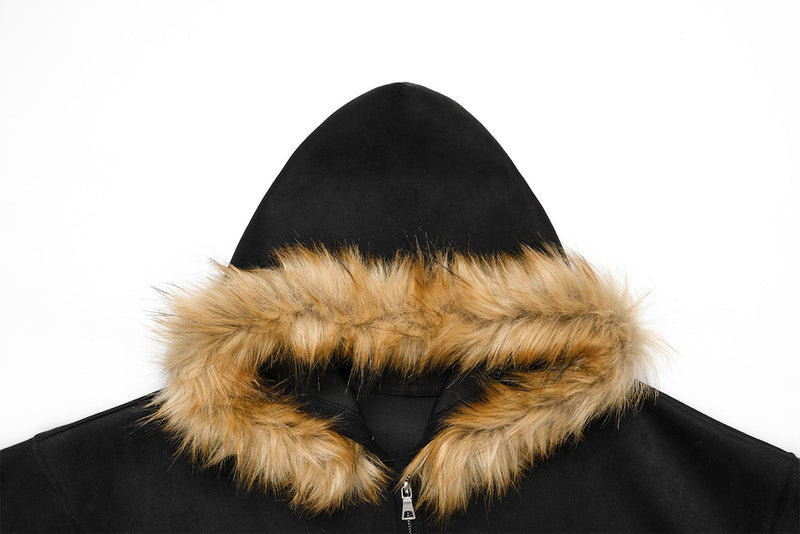 Black Gothic Cross Embroidered Zip-Up Hoodie with Faux Fur Hood Trim