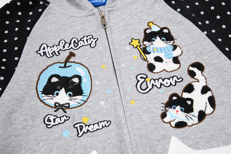 Hoodie zippé à oreilles de chat avec manches raglan étoilées et poches-pattes