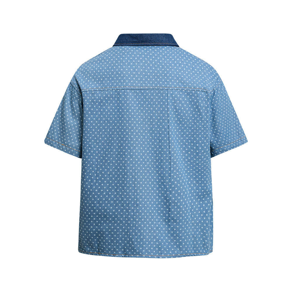 Short Sleeve Button-Up Shirt – All-Over Star Print with Varsity Graphic & Denim