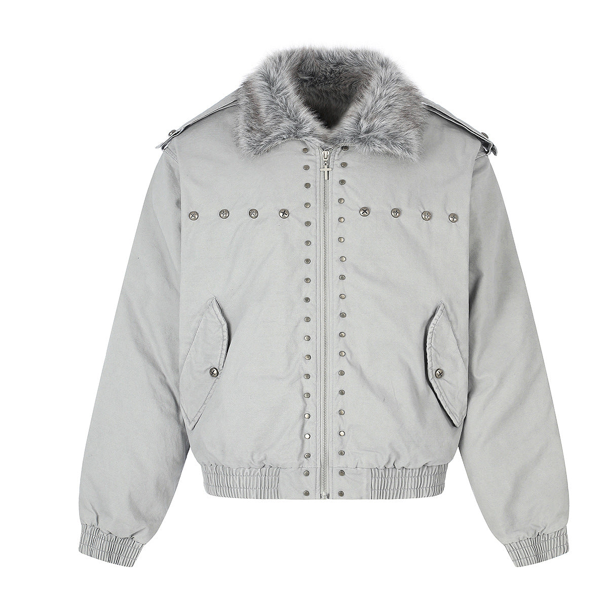 Studded Faux Fur Collar Bomber Jacket – Padded Moto-Inspired Winter Coat