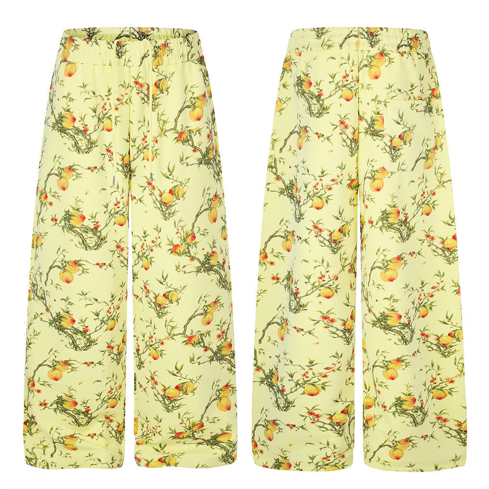Wide-Leg Pants – All-Over Peach Blossom Branch Print, Relaxed Straight Fit