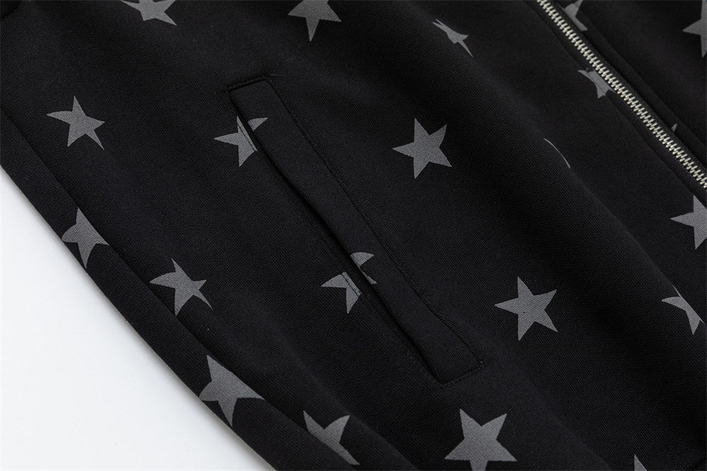 Star Print Zip-Up Track Jacket – Black Allover Star Streetwear Bomber