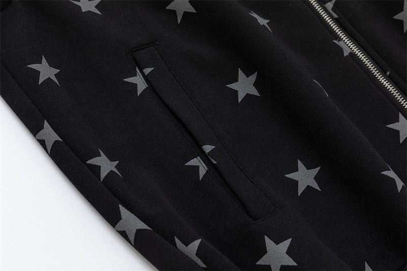 Star Print Zip-Up Track Jacket – Black Allover Star Streetwear Bomber