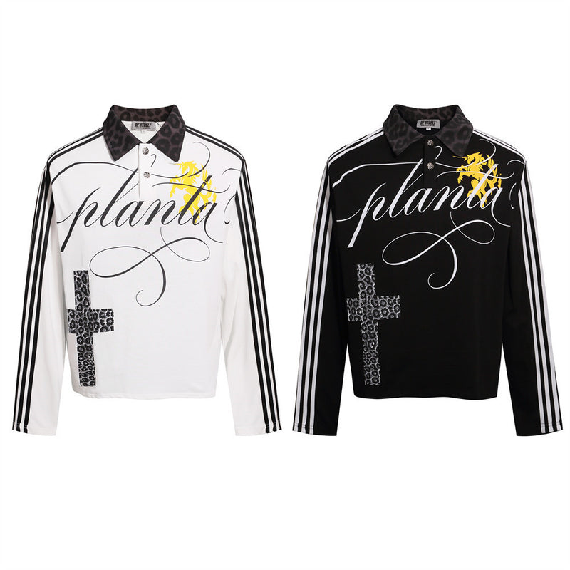 Men's Hip-Hop Polo Long Sleeve Shirt with Leopard Cross & Script Print