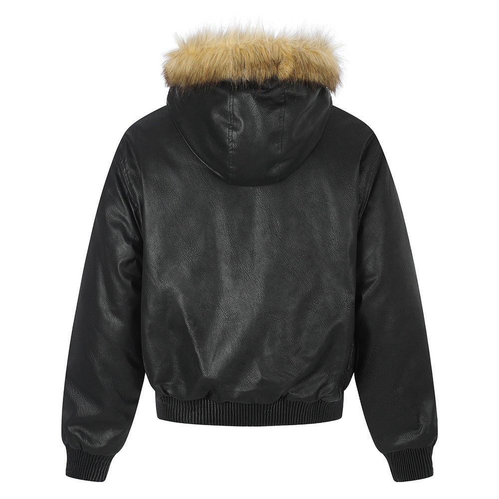 Punk Fur-Collar Studded PU Leather Hooded Bomber Jacket