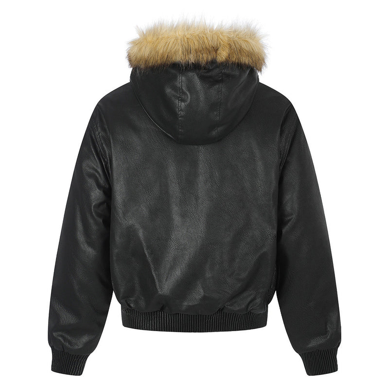 Punk Fur-Collar Studded PU Leather Hooded Bomber Jacket