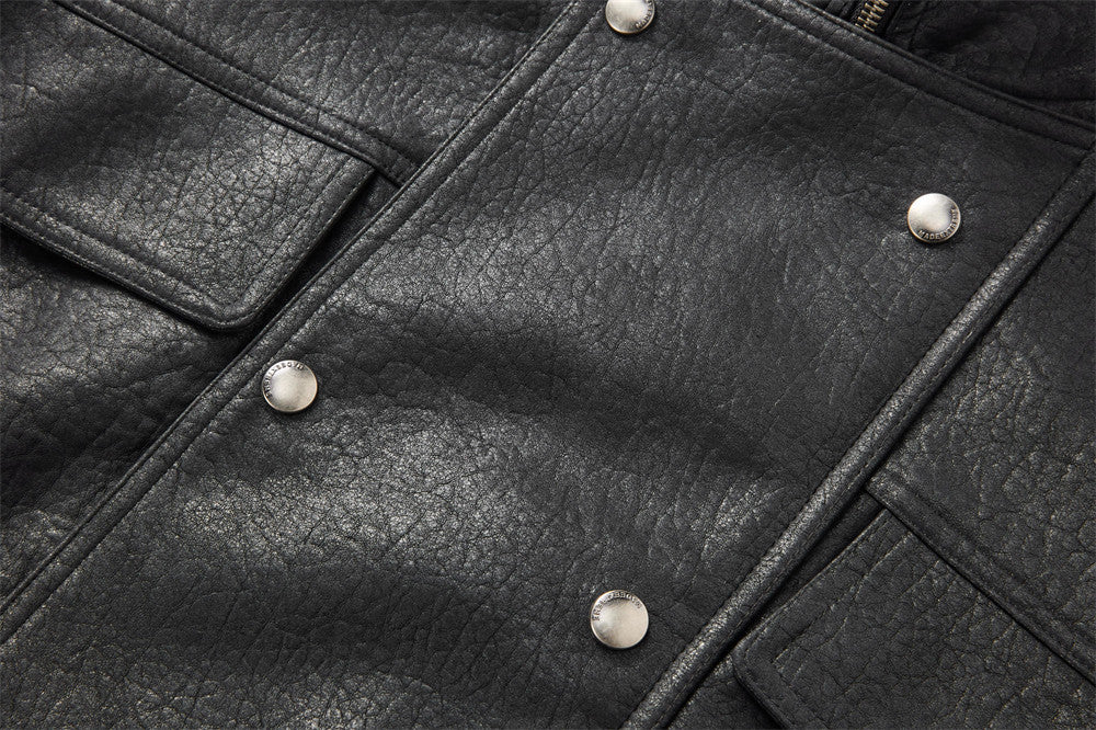 Men's Brown Leather Jacket PU Moto-Style High Collar Snap Button Bomber