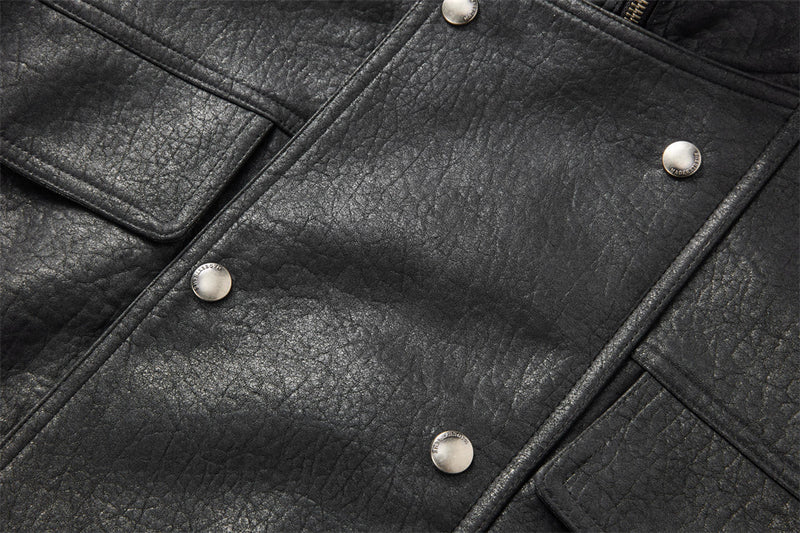 Men's Brown Leather Jacket PU Moto-Style High Collar Snap Button Bomber