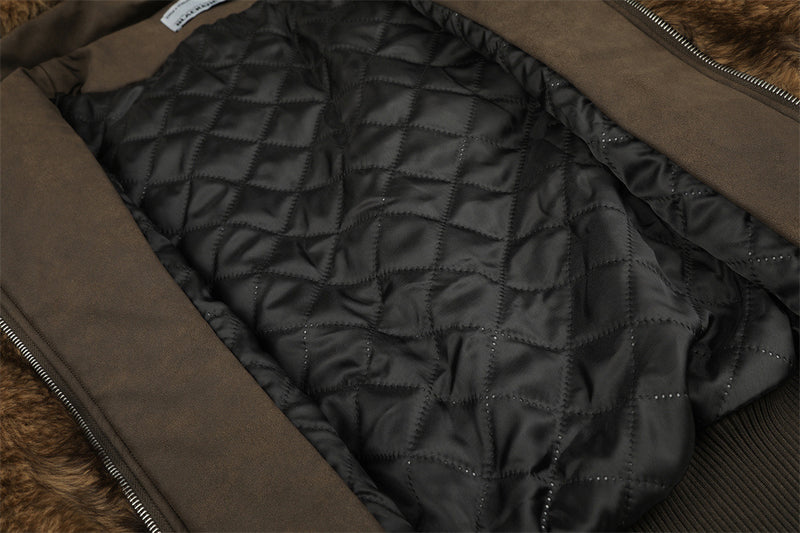 Faux Fur Hooded Bomber Jacket – Brown Short-Cut Zip-Up with PU Leather Trim