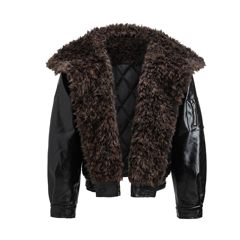 Men's Faux Shearling Collar Leather Bomber Jacket – Oversized Black Winter